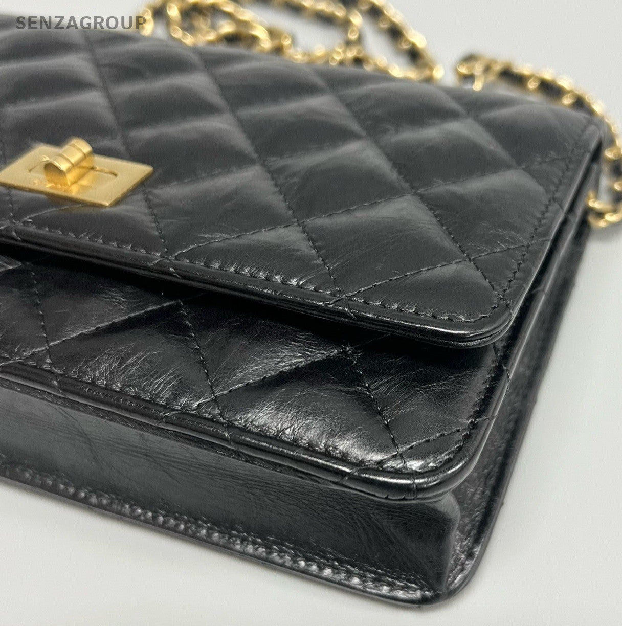 Chanel 2.55 WOC Chain Shoulder Bag Crossbody Black Gold Diamond Women Classic