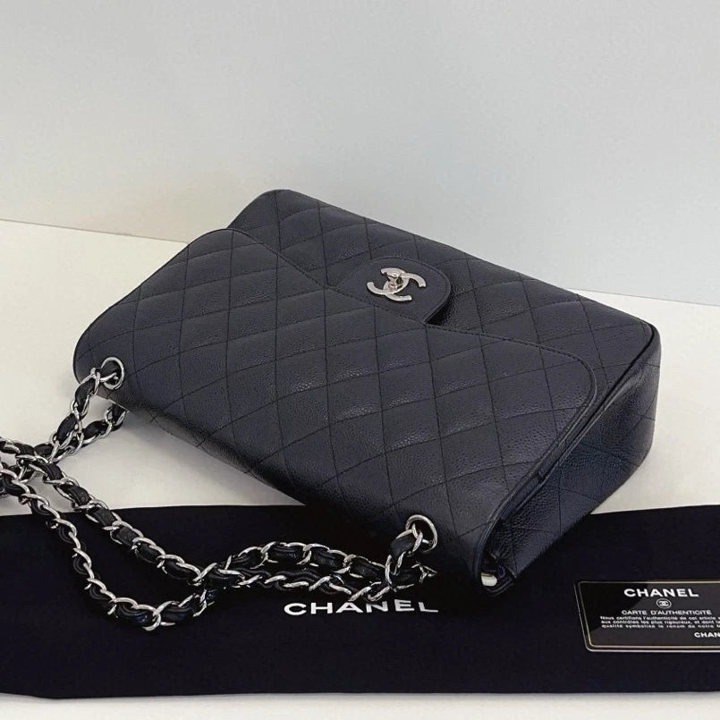 Chanel Classic Flap Jumbo Chain Shoulder Crossbody Diamond Black Silver Women
