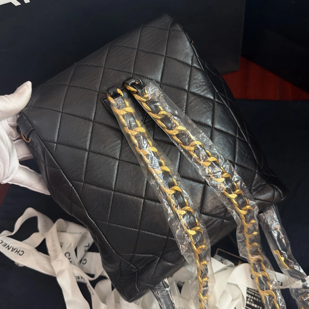 Vintage Chanel Duma Diamond Chain Black Backpack Gold Hardware