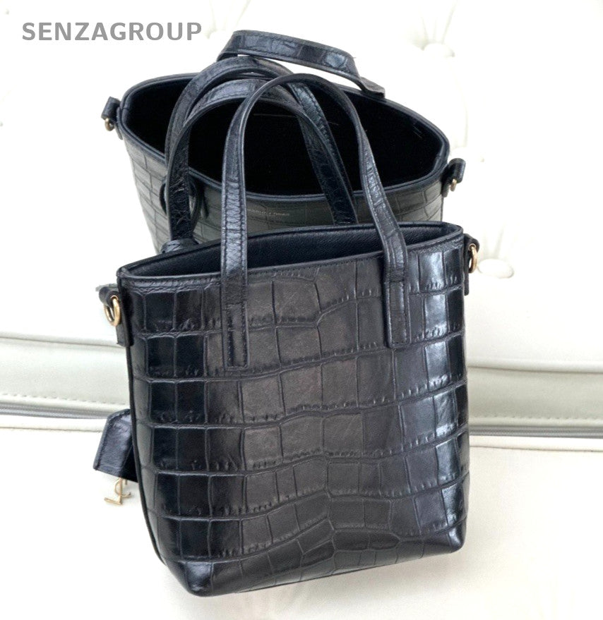 YSL Saint Laurent Embossed Calfskin Top Handle Shoulder Tote Bag Women Black