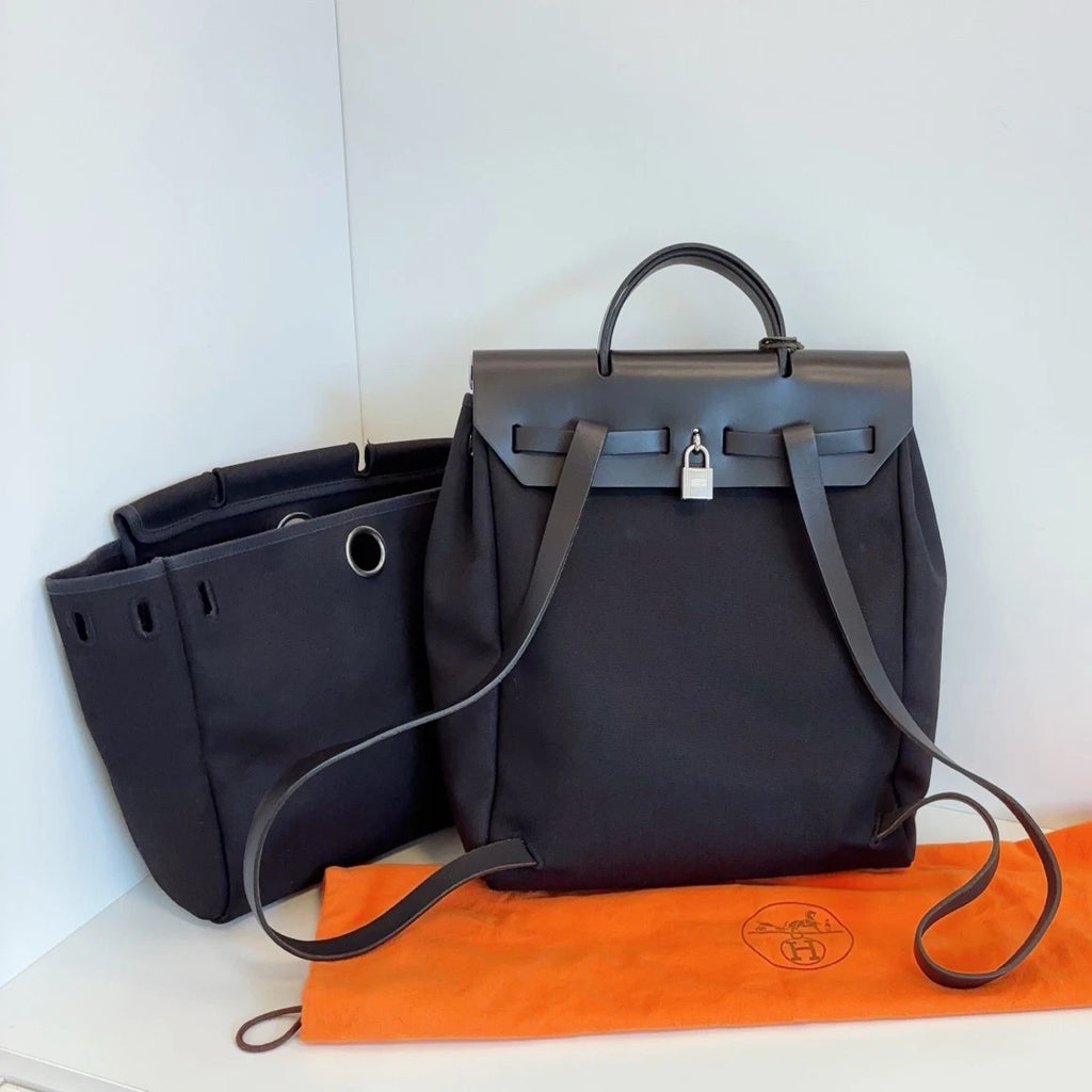 Hermes Herbag So Black Canvas Backpack Black Silver Unisex Adults Classic
