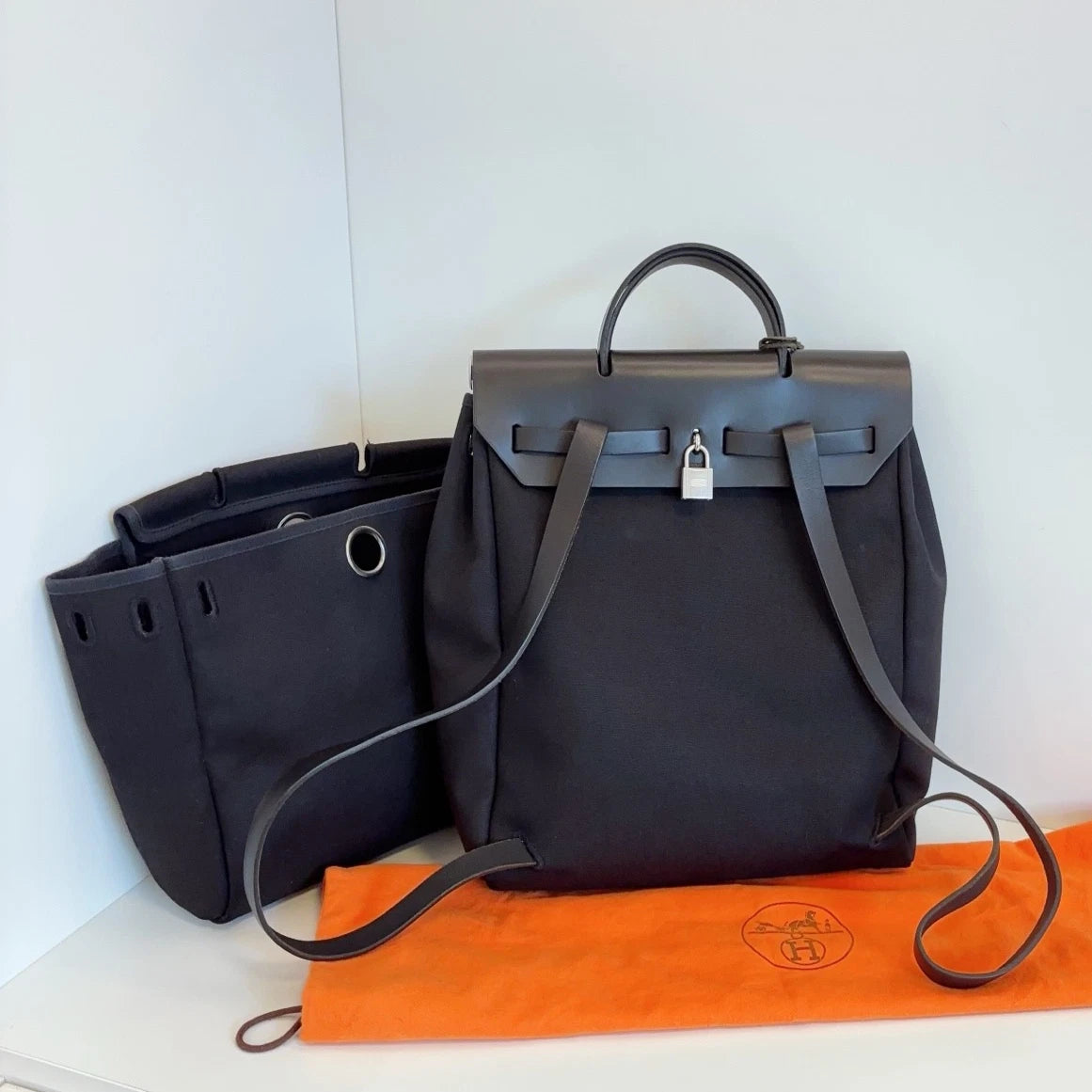 Hermes Herbag So Black Canvas Backpack Black Silver Unisex Adults Classic