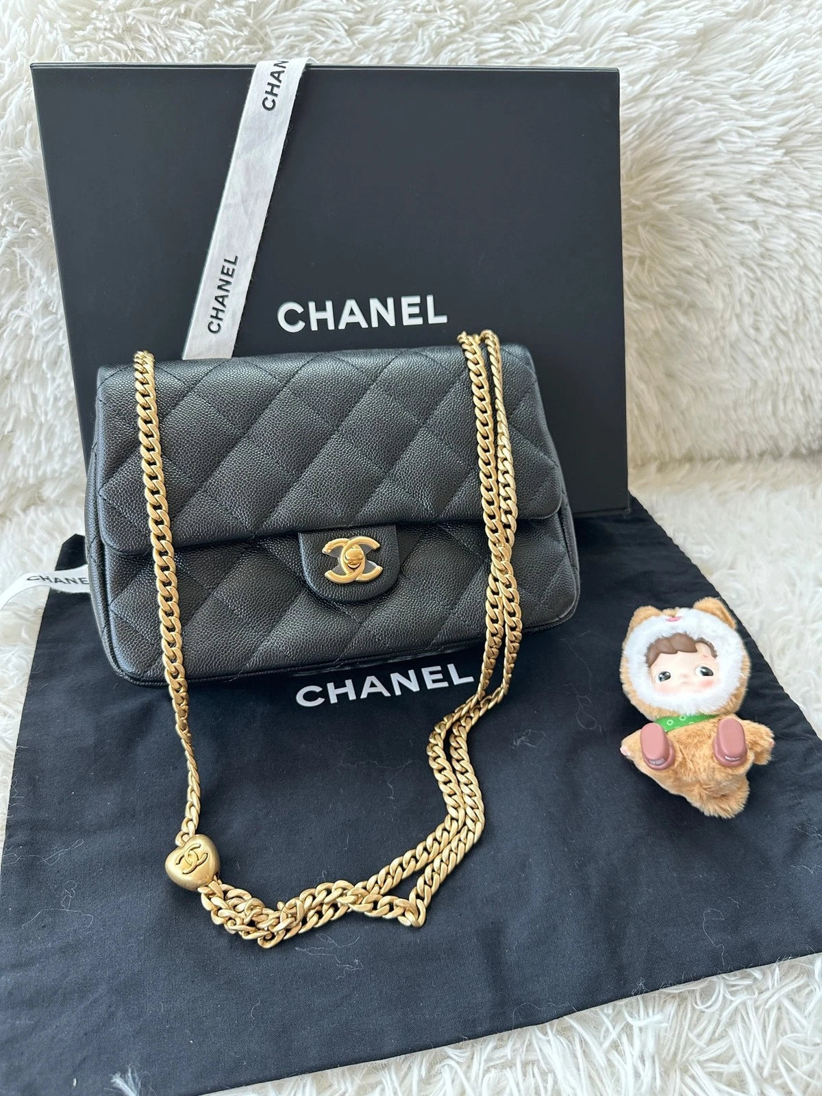 CHANEL Heart Adjustable Buckle Square Crossbody Grained Leather For Women