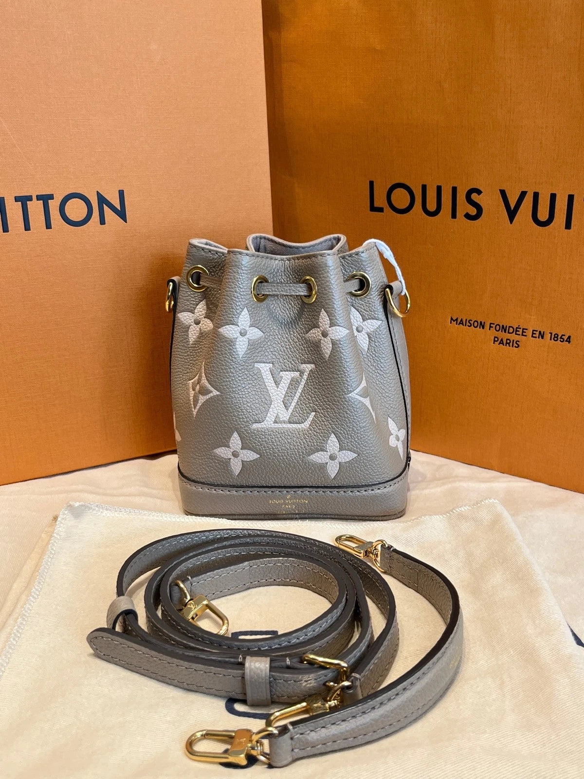 Louis Vuitton Canvas Nano Noe Gray Bucket Crossbody Bag For Women