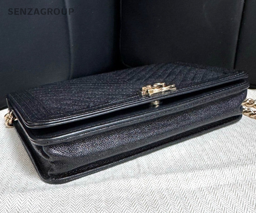 Chanel Leboy WOC Calfskin Chain Shoulder Bag Crossbody Black Gold Women Classic