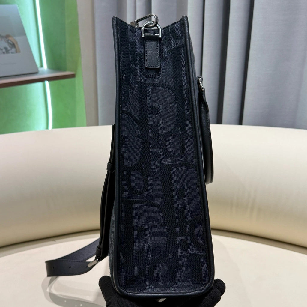 Christian Dior East-West Oblique Canvas Black Silver Tote Handbag Crossbody