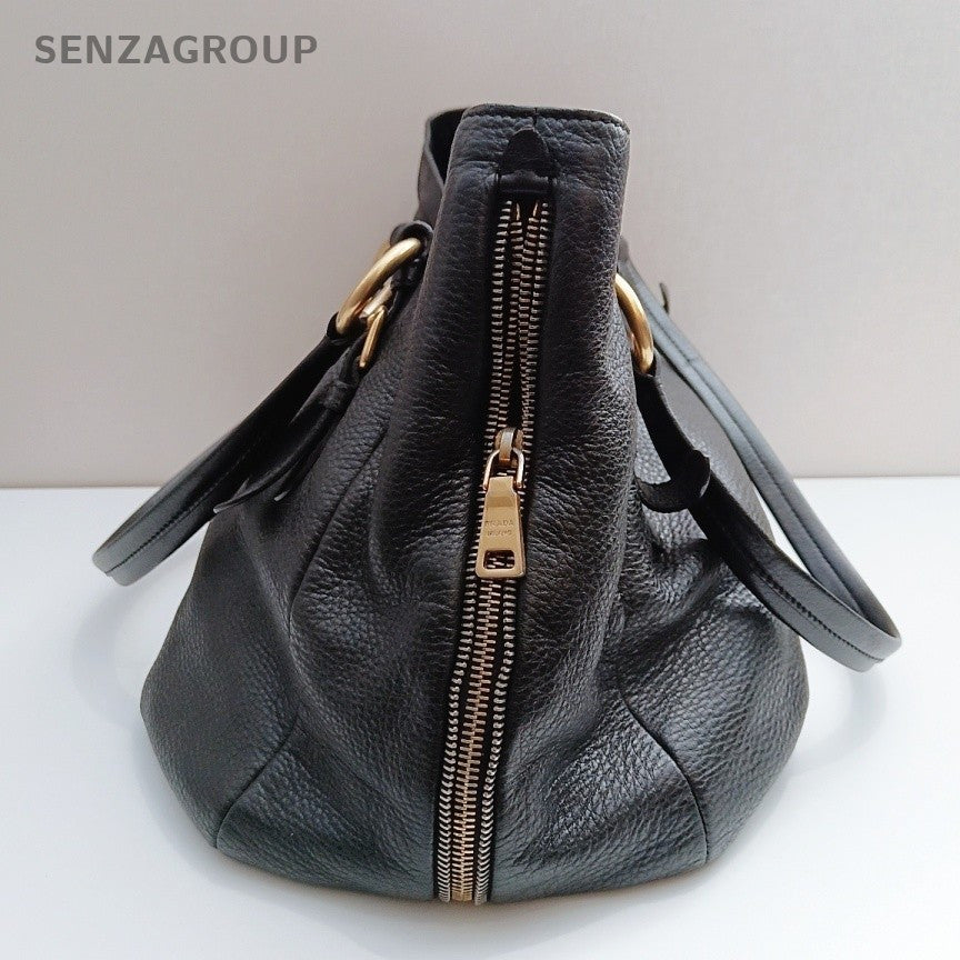 Prada Calfskin Tote Shoulder Bag Black Gold Used Women Classic Fashion