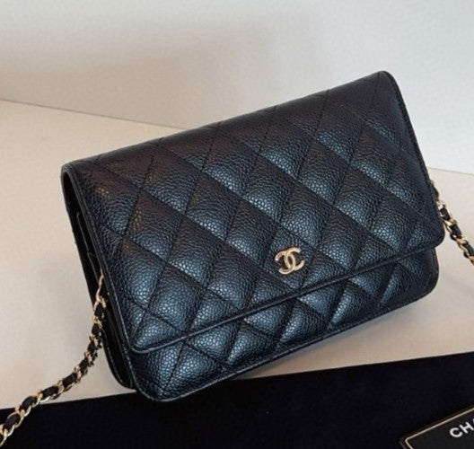 Chanel WOC Diamond Chain Shoulder Bag Crossbody Black Gold Women Classic