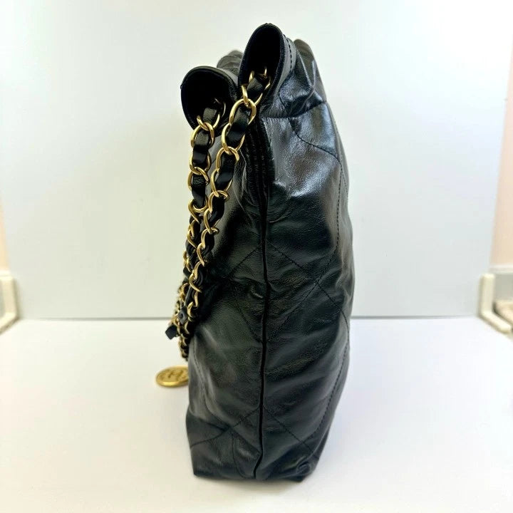 CHANEL 22Bag Small Tote Black Calfskin Gold Hardware For Women