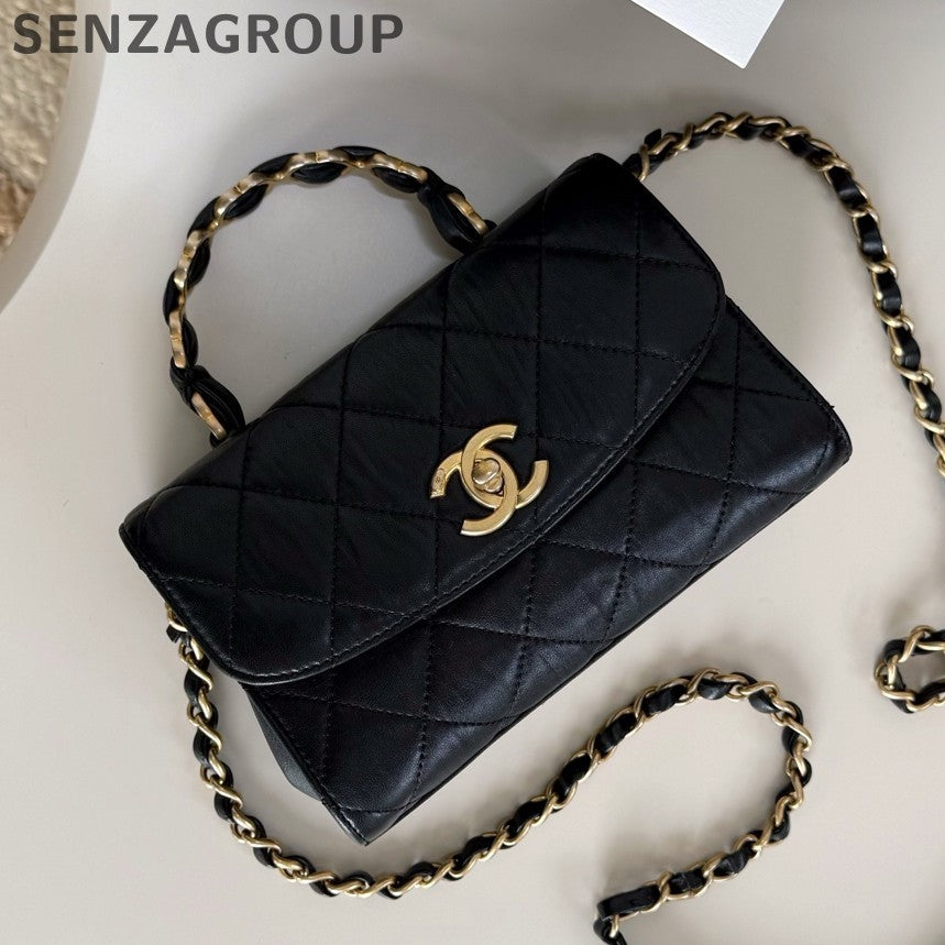 Chanel Kelly Diamond Chain Top Handle Crossbody Black Gold Women Classic