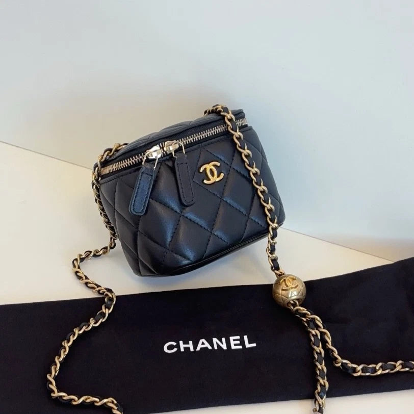 Authentic Chanel Black Vanity Case Diamond Crossbody Bag with Gold Ball Chain