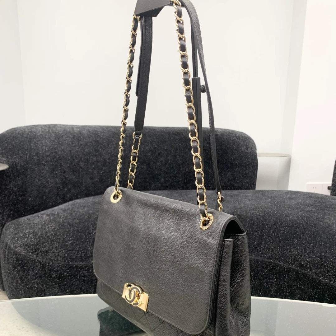 Chanel Calfskin Chain Shoulder Crossbody Bag Black Gold Women Classic S