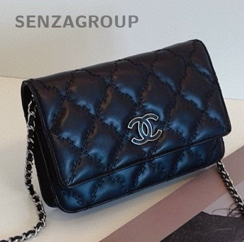 Chanel Calfskin Chain Crossbody Shoulder Bag Black Silver Women Classic