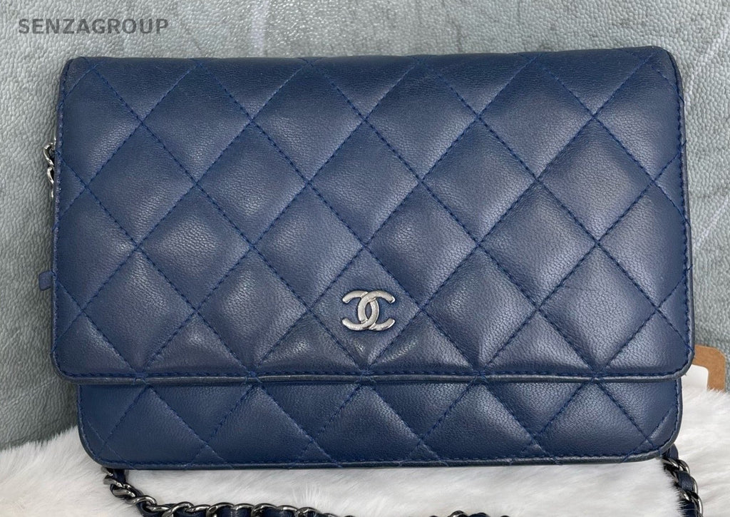 Chanel Classic Flap Calfskin Chain Shoulder Bag Blue Silver Women Designer