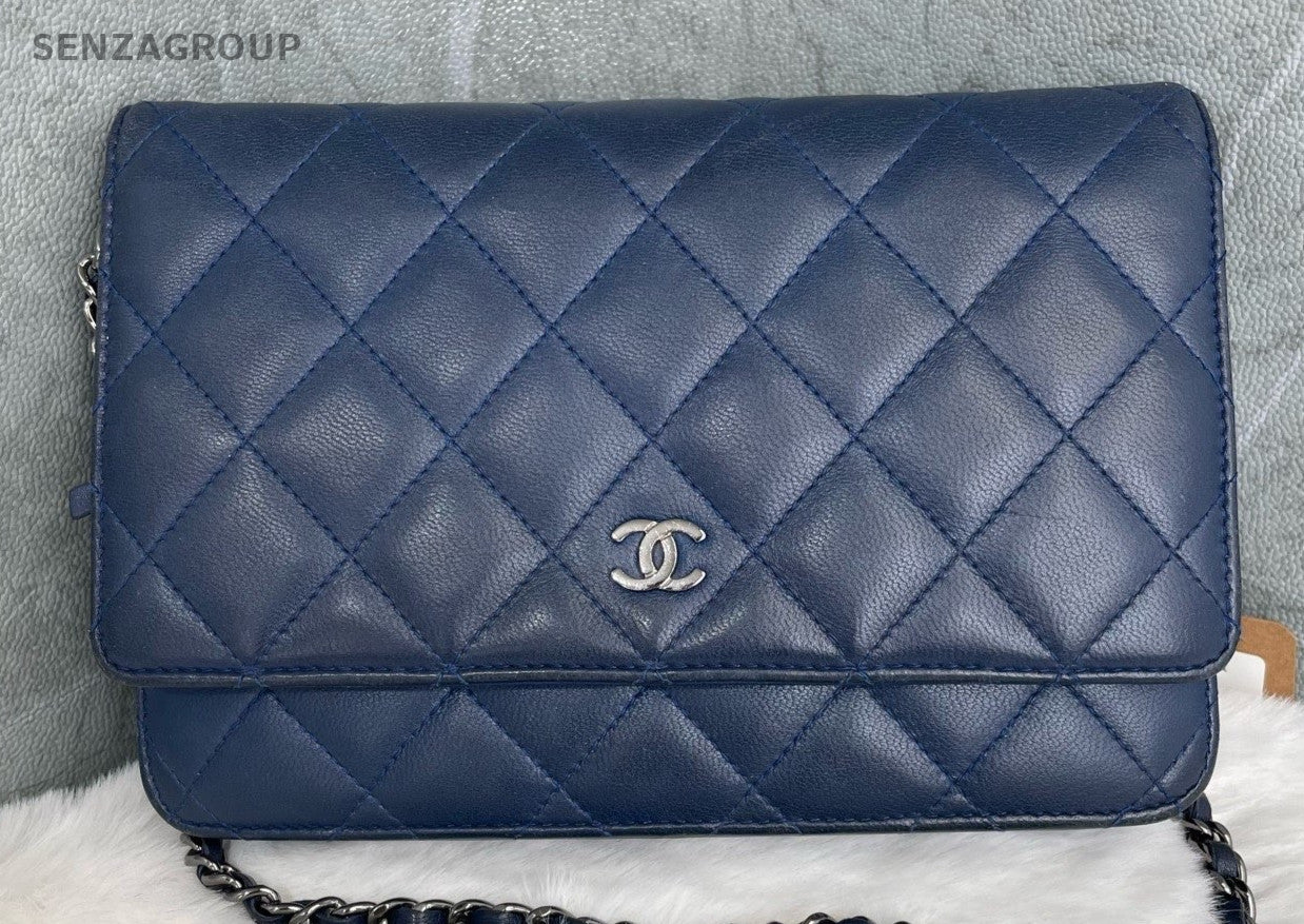 Chanel Classic Flap Calfskin Chain Shoulder Bag Blue Silver Women Designer