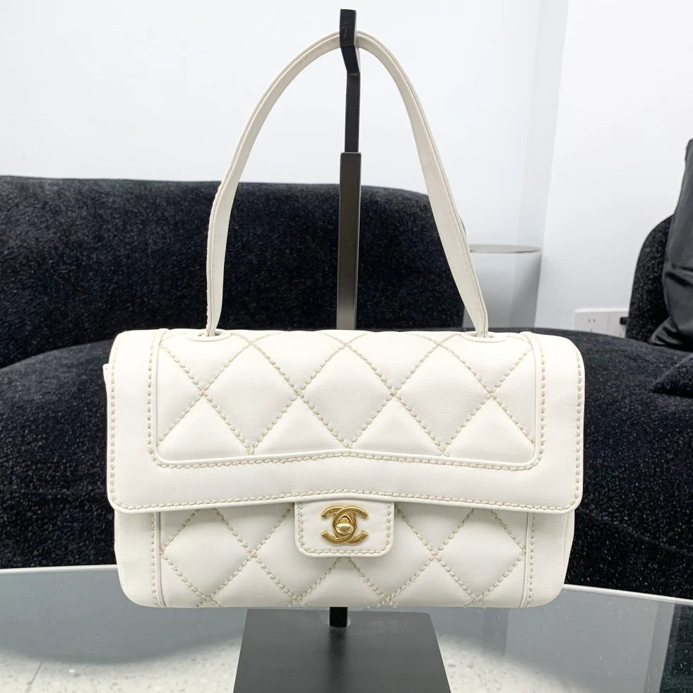 Chanel Calfskin Diamond Top Handle Shoulder Bag White Gold Hardware Women S