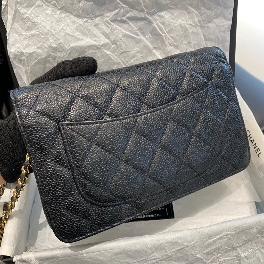 Chanel WOC Calfskin Chain Shoulder Crossbody Diamond Women Black Gold