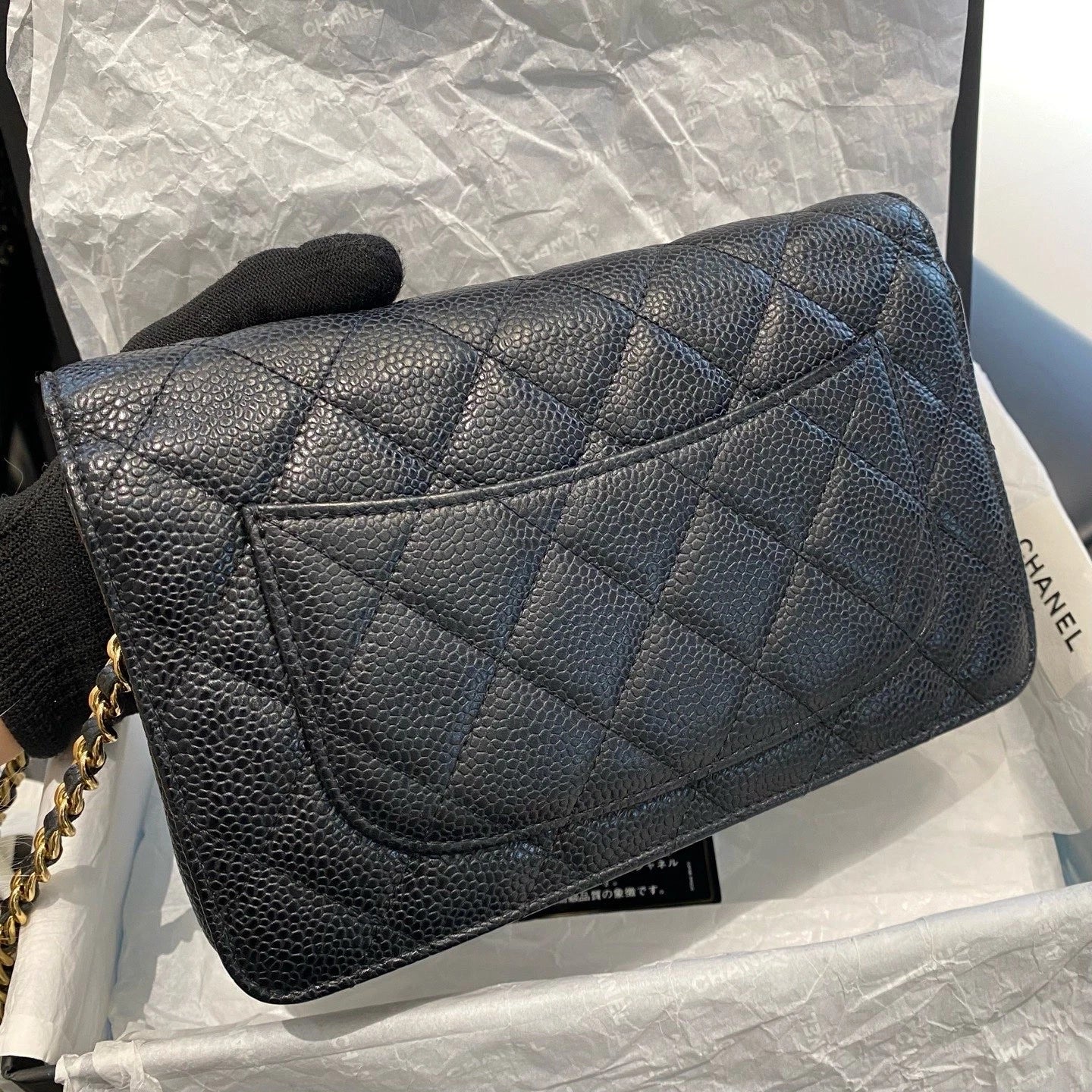 Chanel WOC Calfskin Chain Shoulder Crossbody Diamond Women Black Gold