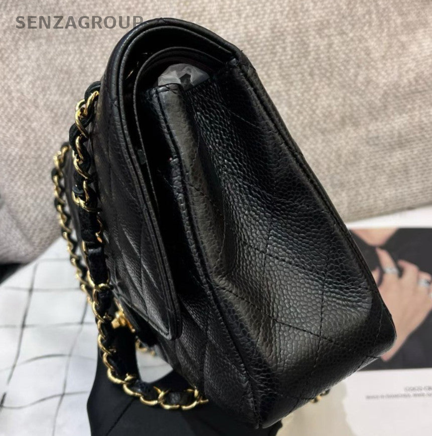 Chanel Classic Flap MM Calfskin Chain Shoulder Bag Crossbody Black Gold Women