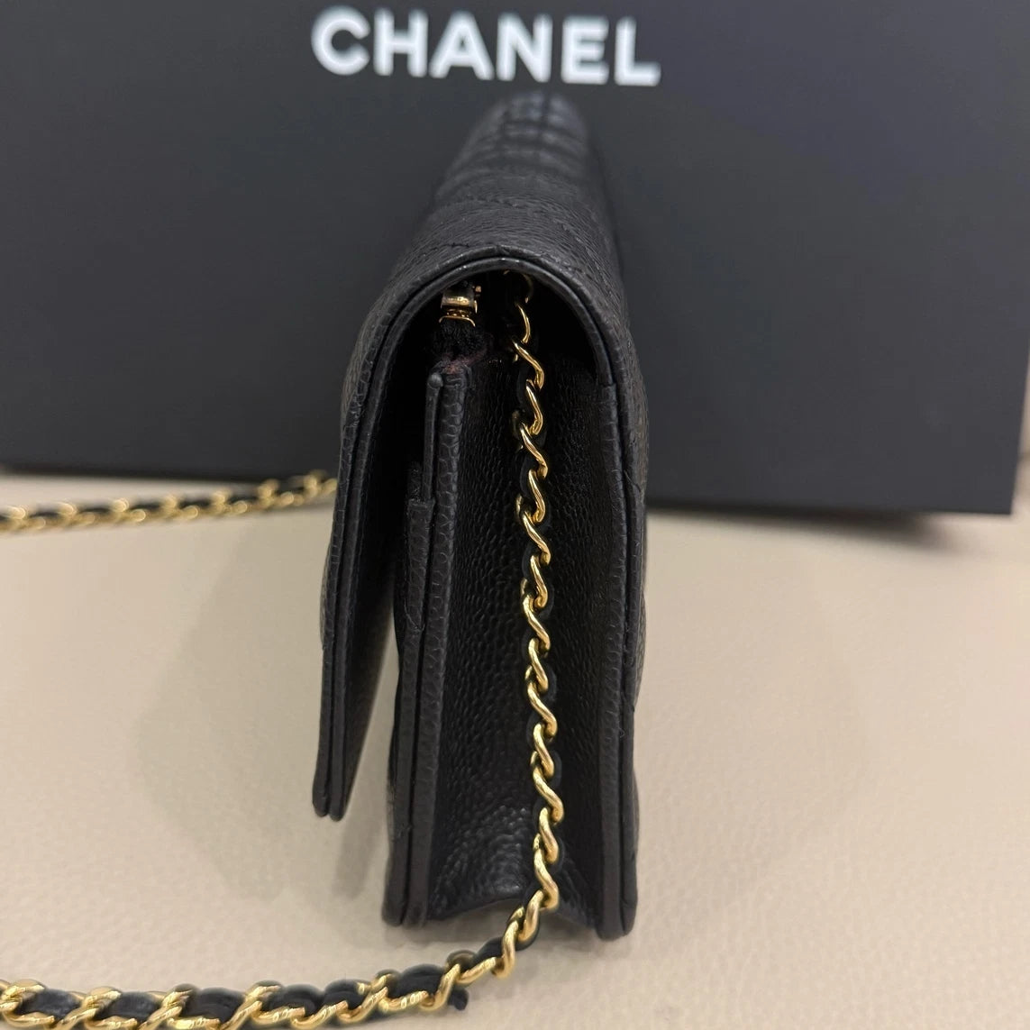 CHANEL Black Gold Leather WOC Crossbody Bag For Women