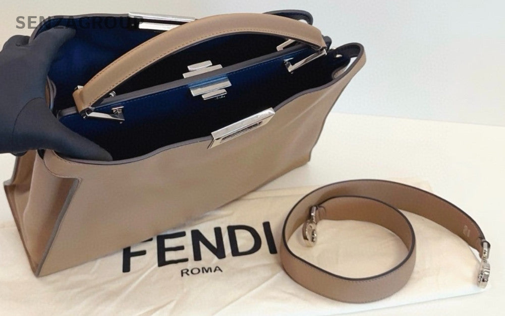 Fendi Peekaboo Essentially Full Leather Tote Top Handle Shoulder Bag Grey Women