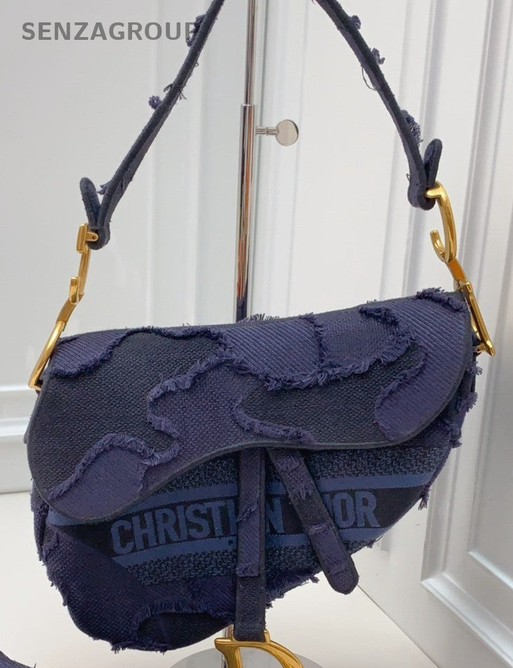 Christian Dior Embroidered Canvas Camouflage Saddle Shoulder Bag Blue Gold Women