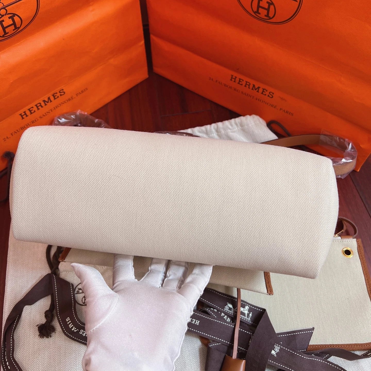 Hermes Herbag31 Top Handle Shoulder Crossbody White Brown Gold Women Classic