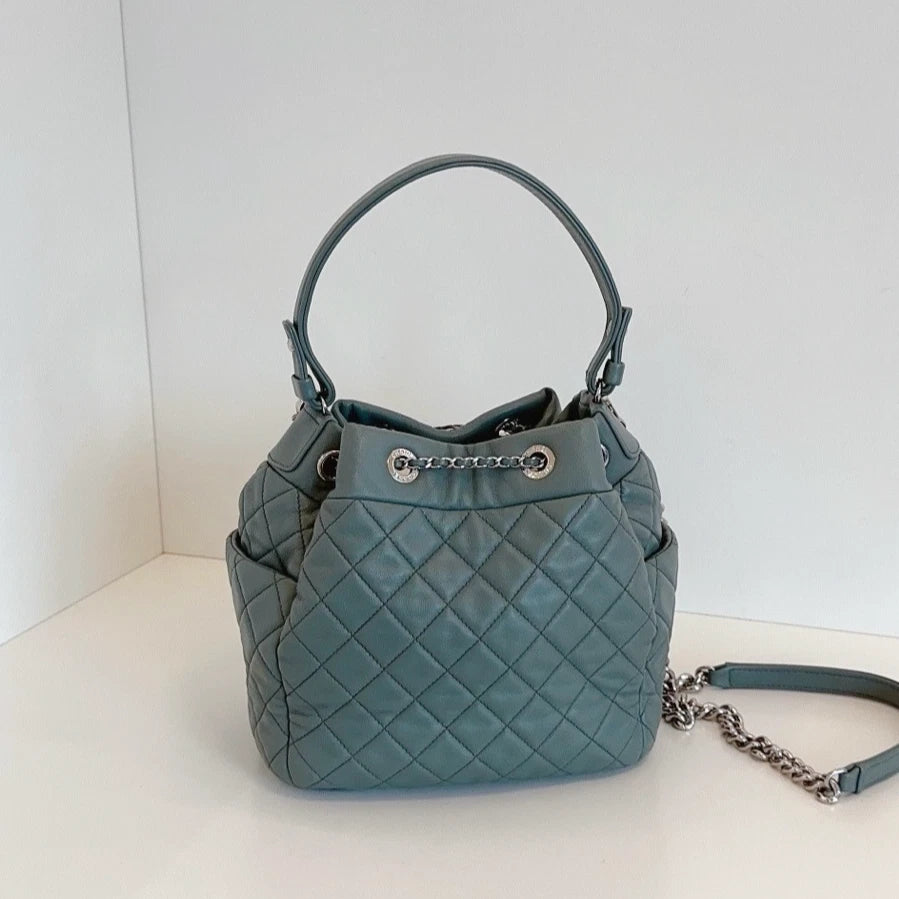 Chanel Diamond Drawstring Bucket Top Handle Shoulder Bag Green Silver Women