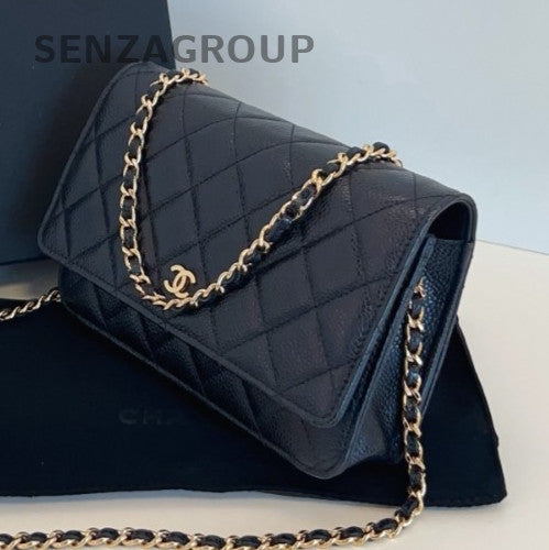 Chanel WOC Chain 2Way Shoulder Bag Crossbody Black Gold Diamond Women Classic