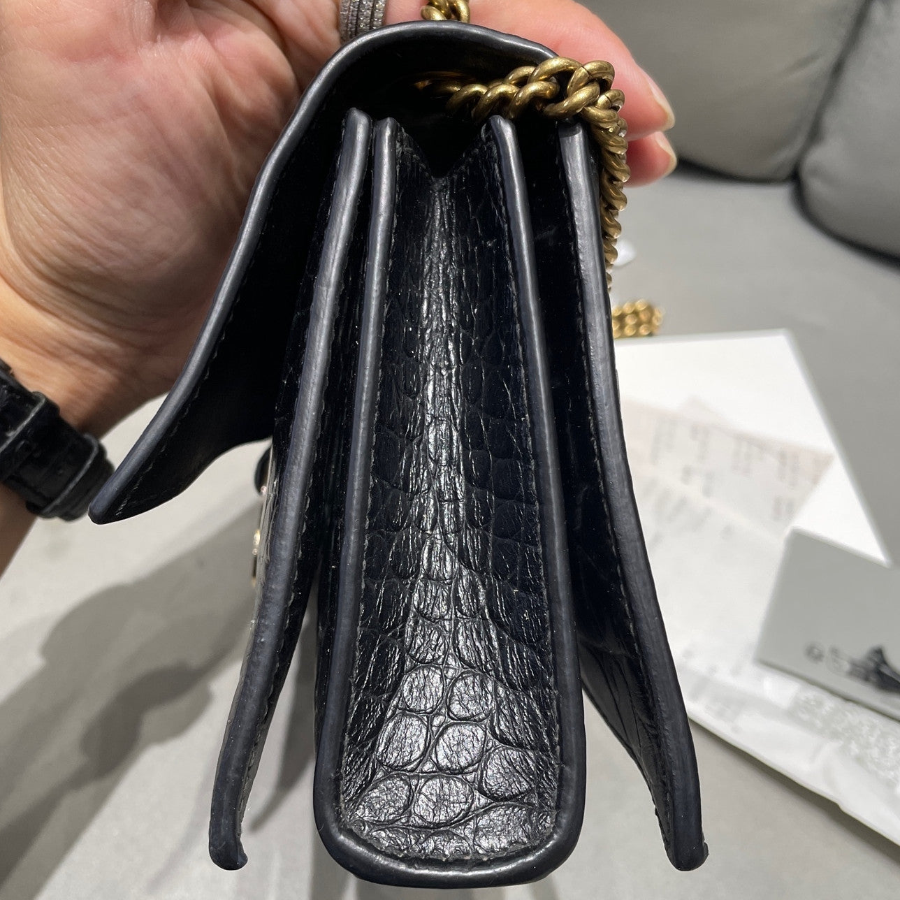 Balenciaga Black Gold Croc Embossed Crush Small Chain Crossbody Bag