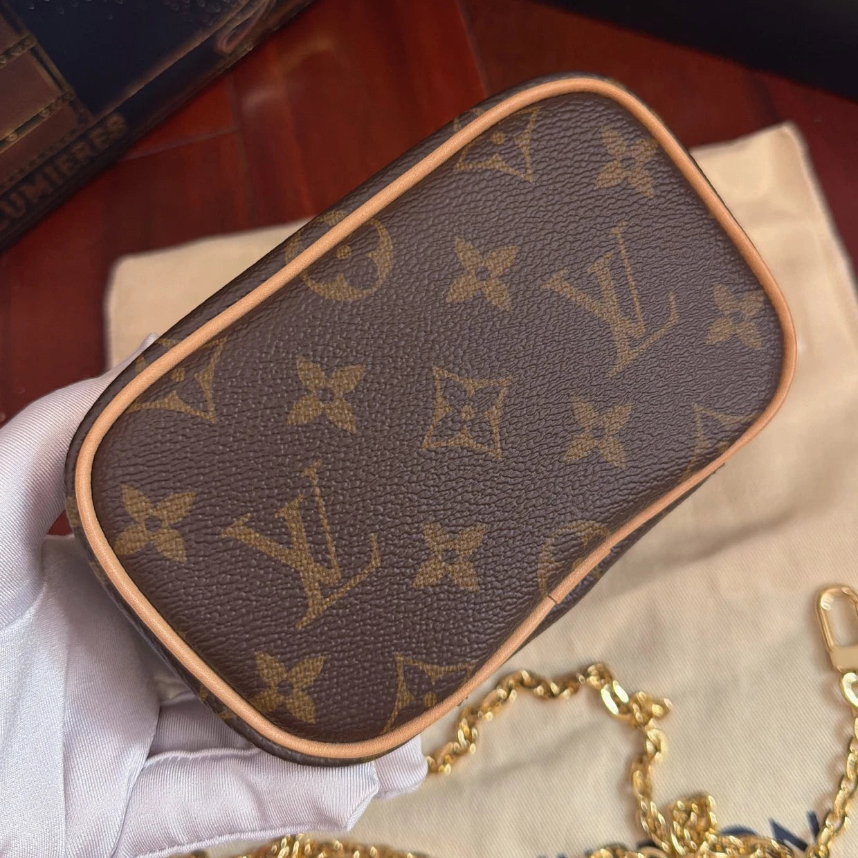 Louis Vuitton Monogram Nano Chain Top Handle Crossbody Brown Gold Women