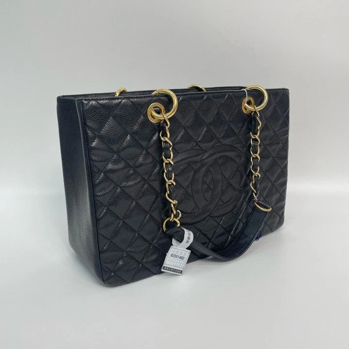 CHANEL GST Medium Black Gold Leather Tote Bag For Women