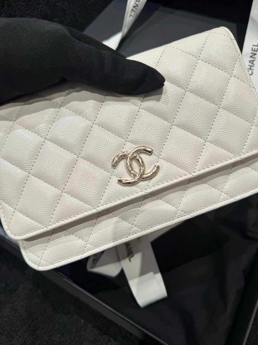 CHANEL Quilted White Leather WOC Gold Hardware Crossbody Bag For Women