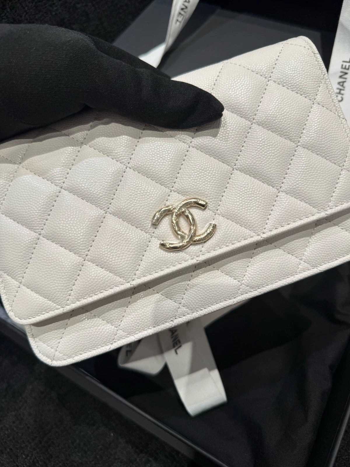 CHANEL Quilted White Leather WOC Gold Hardware Crossbody Bag For Women