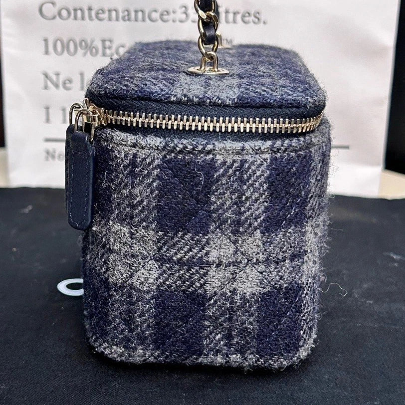 Chip Version Chanel Tweed Long Box Gold Chain Navy Shoulder bag Crossbody