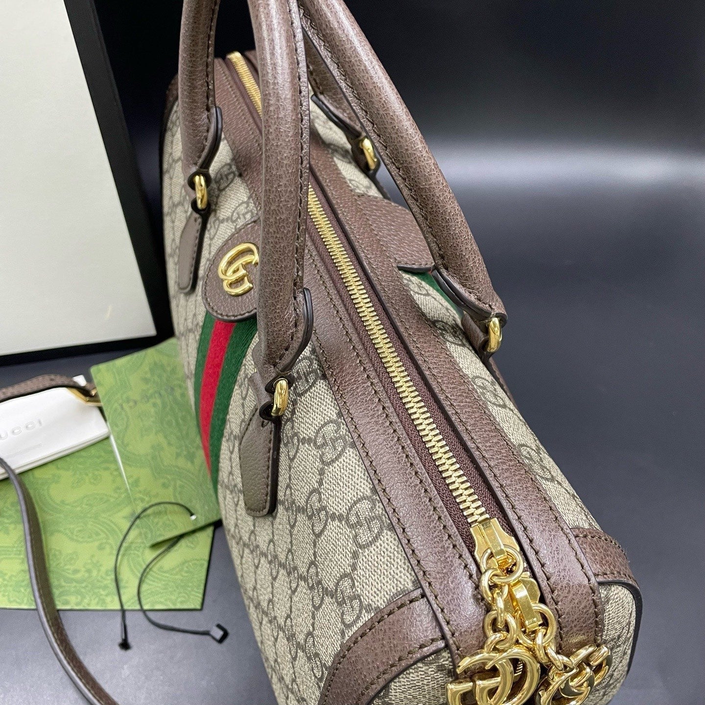 Gucci Boston Ophidia Top Handle Crossbody Brown Gold Used Women Classic