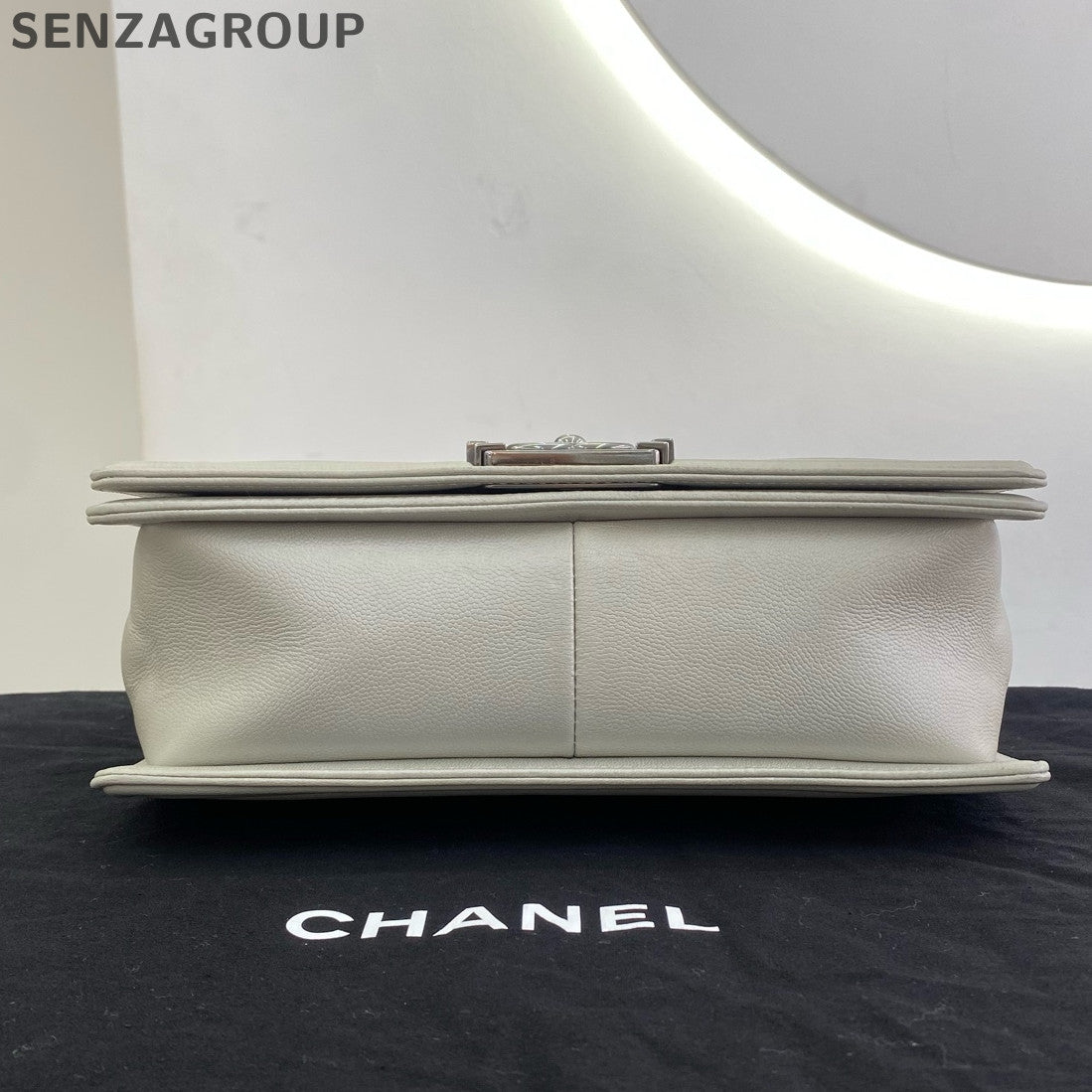 Chanel Le Boy Chevron Quilted Chain Shoulder Bag Silver White Classic Women