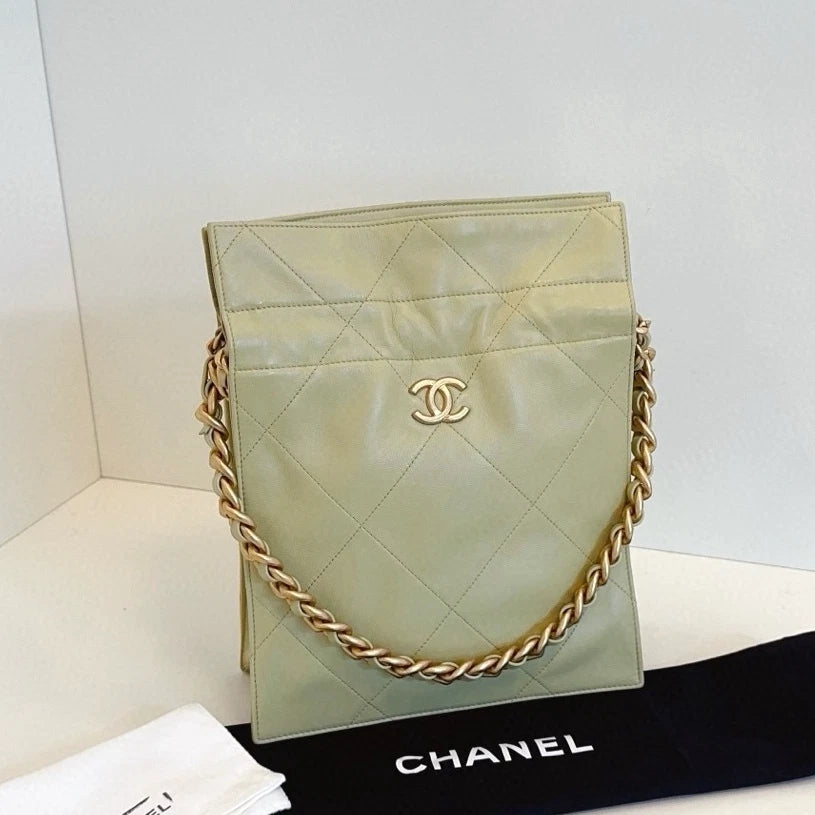 Chanel Tote PM Chain Top Handle Bag Green Gold Diamond Women Classic