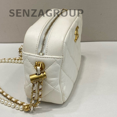 Chanel Quilted White Gold Camera Bag with Pearl Chain Strap
