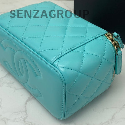 Chanel Quilted Blue Gold Leather Vanity Case Handbag Shoulder Bag