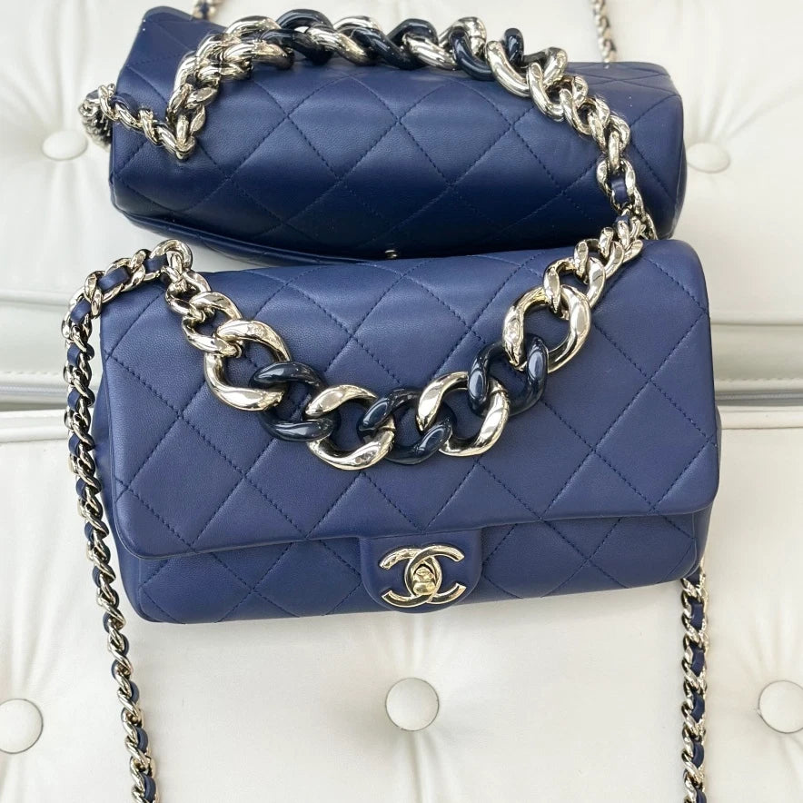 Chanel Calfskin Chain 2Ways Top Handle Bag Crossbody Navy Gold Women Classic S