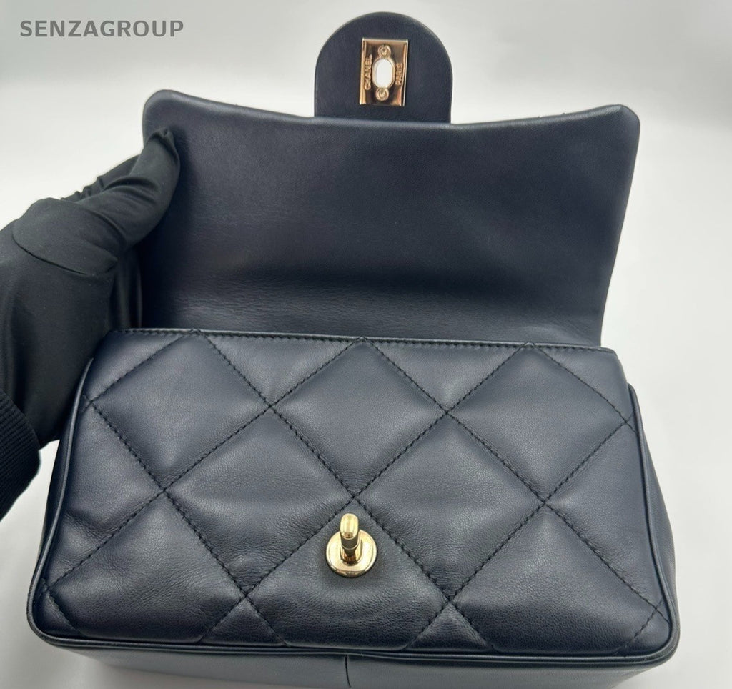 Chanel Classic Flap Mini Lambskin Top Handle Chain Crossbody Navy Gold Women