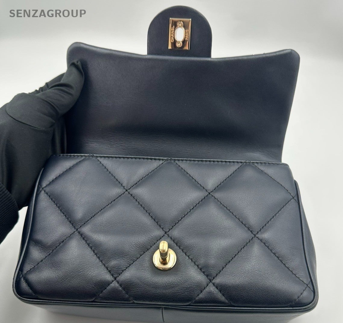 Chanel Classic Flap Mini Lambskin Top Handle Chain Crossbody Navy Gold Women