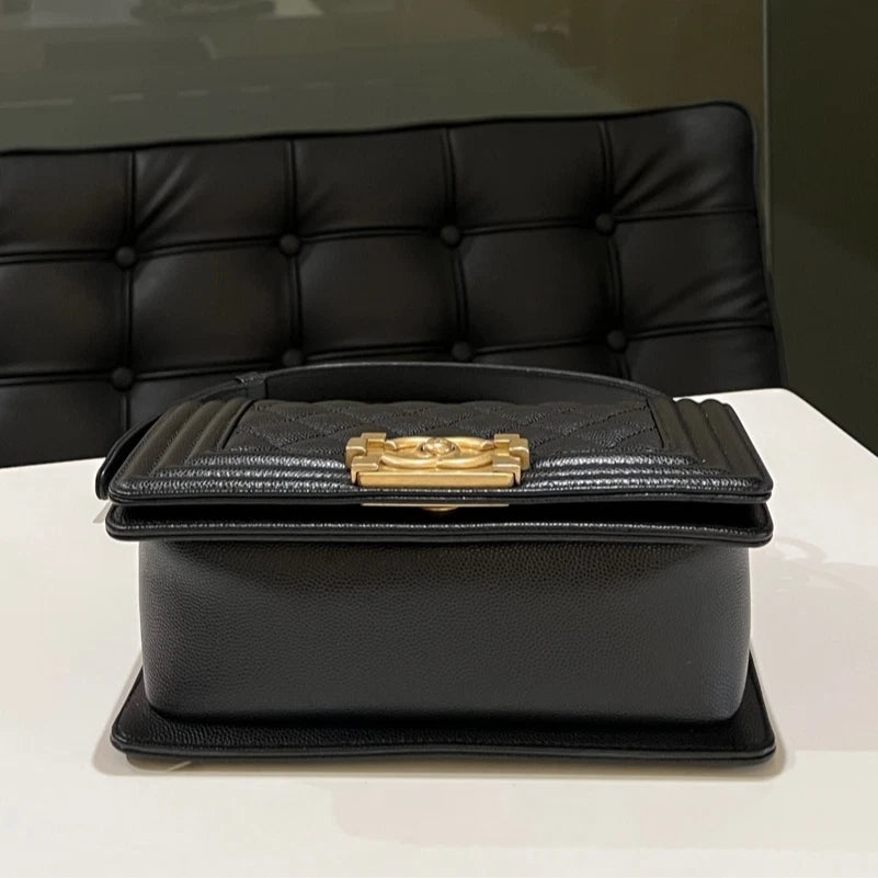 Auth Chanel Le Boy Small Black Caviar Leather Crossbody Bag