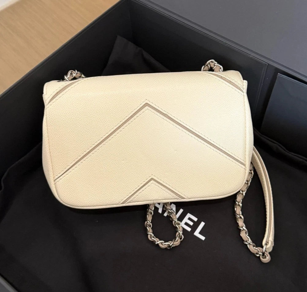 Chanel Calfskin White Shoulder Bag Crossbody Bag Silver Hardware Women