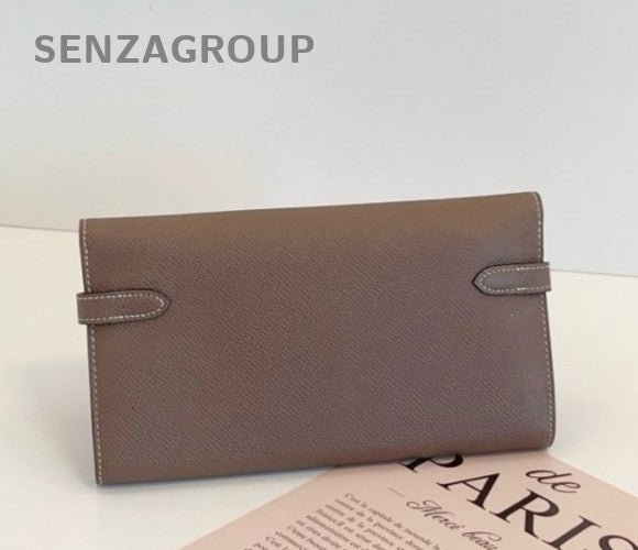 Hermes Kelly Long Wallet Epsom Leather Clutch Bag Gray Women