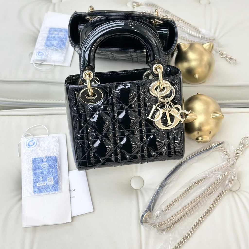 Dior Lady Dior Black Gold Crossbody Top Handle Excellent