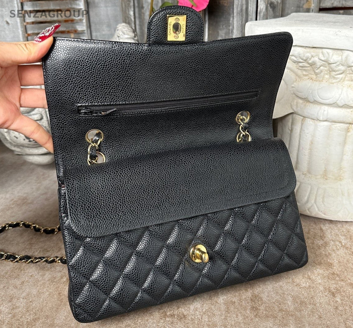 Chanel Classic Flap MM Calfskin Shoulder Bag Crossbody Black Gold Women Fashion