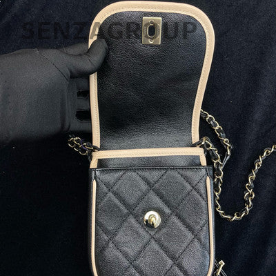 Chanel Beige Black Silver Chain Phone Crossbody Bag Quilted Women's Fashion