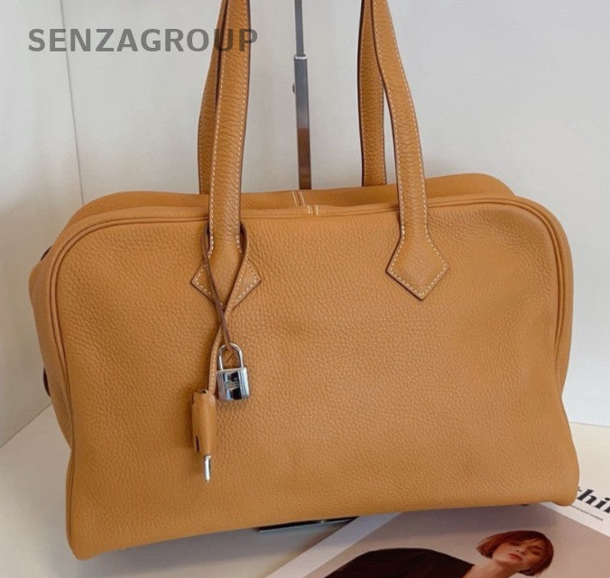 Hermes Victoria Togo Leather Shoulder Bag Yellow Silver Women Classic